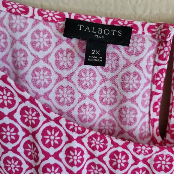 Talbots Boho Top Women's 2X Pink White Tie Waist Short Sleeve Zip Side Career - Picture 3 of 8